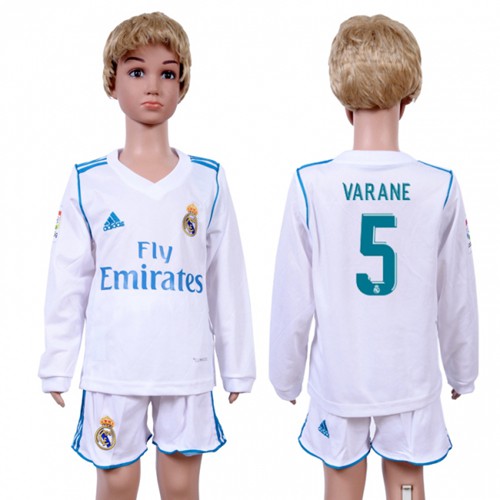 Real Madrid #5 Varane Home Long Sleeves Kid Soccer Club Jersey